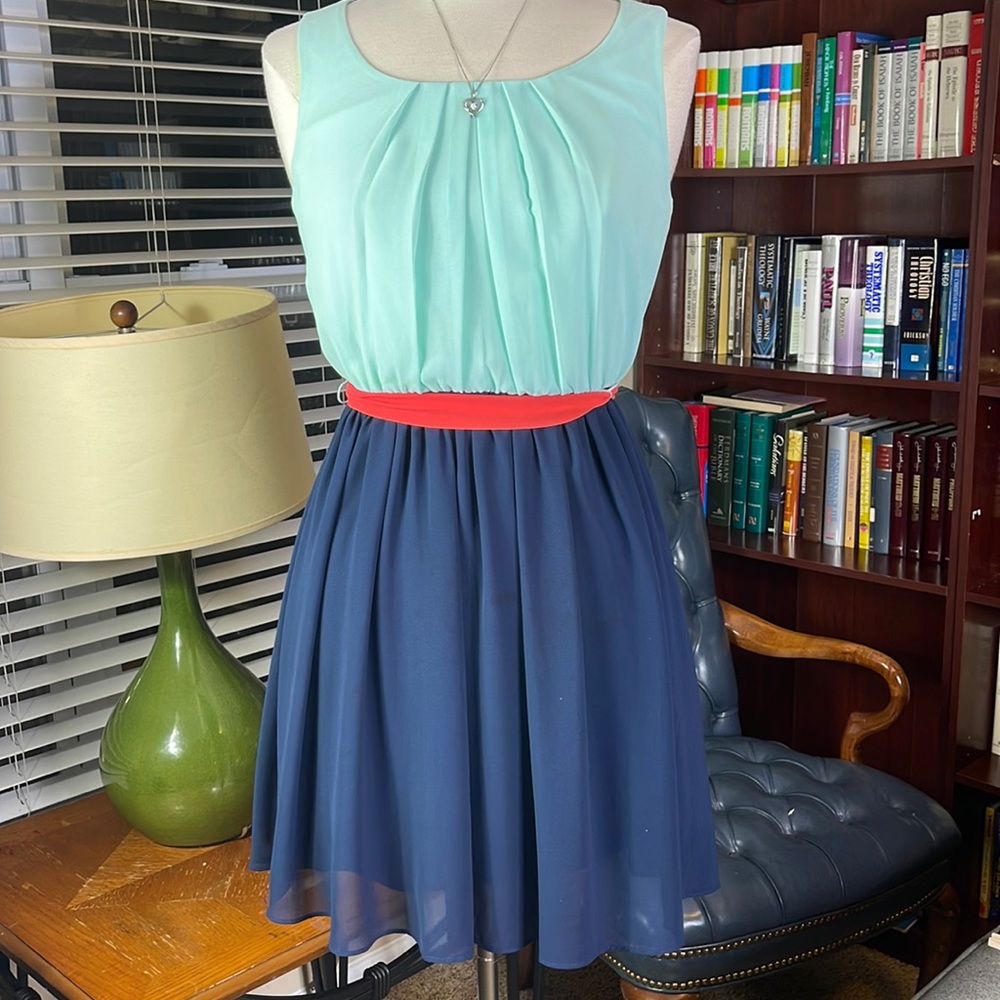 BCX Aqua & Navy Blue  Dress with Coral Tie Belt